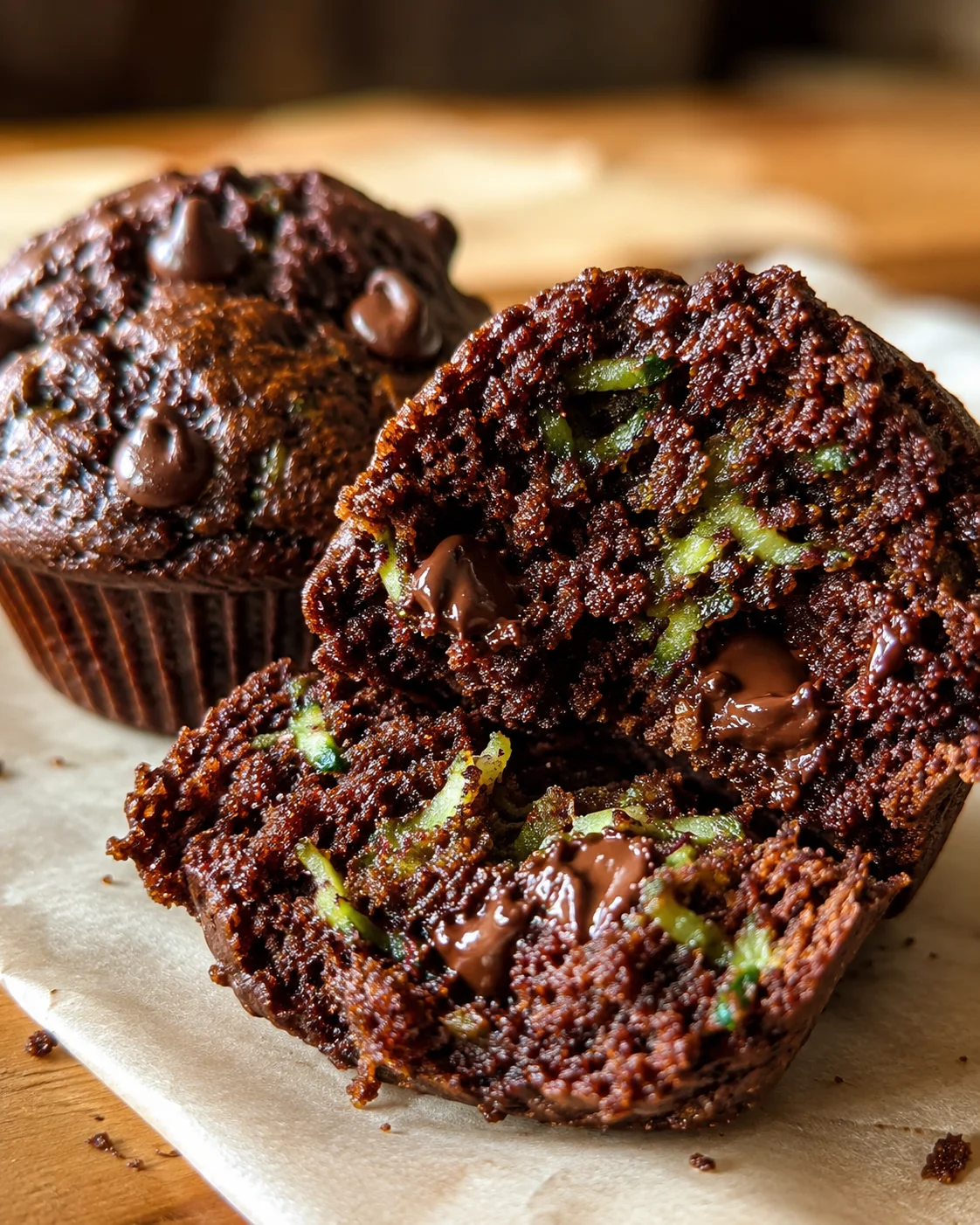 Close-up of moist, chocolatey zucchini muffins with gooey chocolate chips, cut in half.