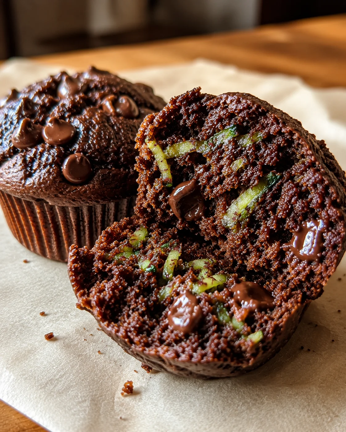 Chocolate zucchini muffins with gooey chocolate chips and moist crumb inside.