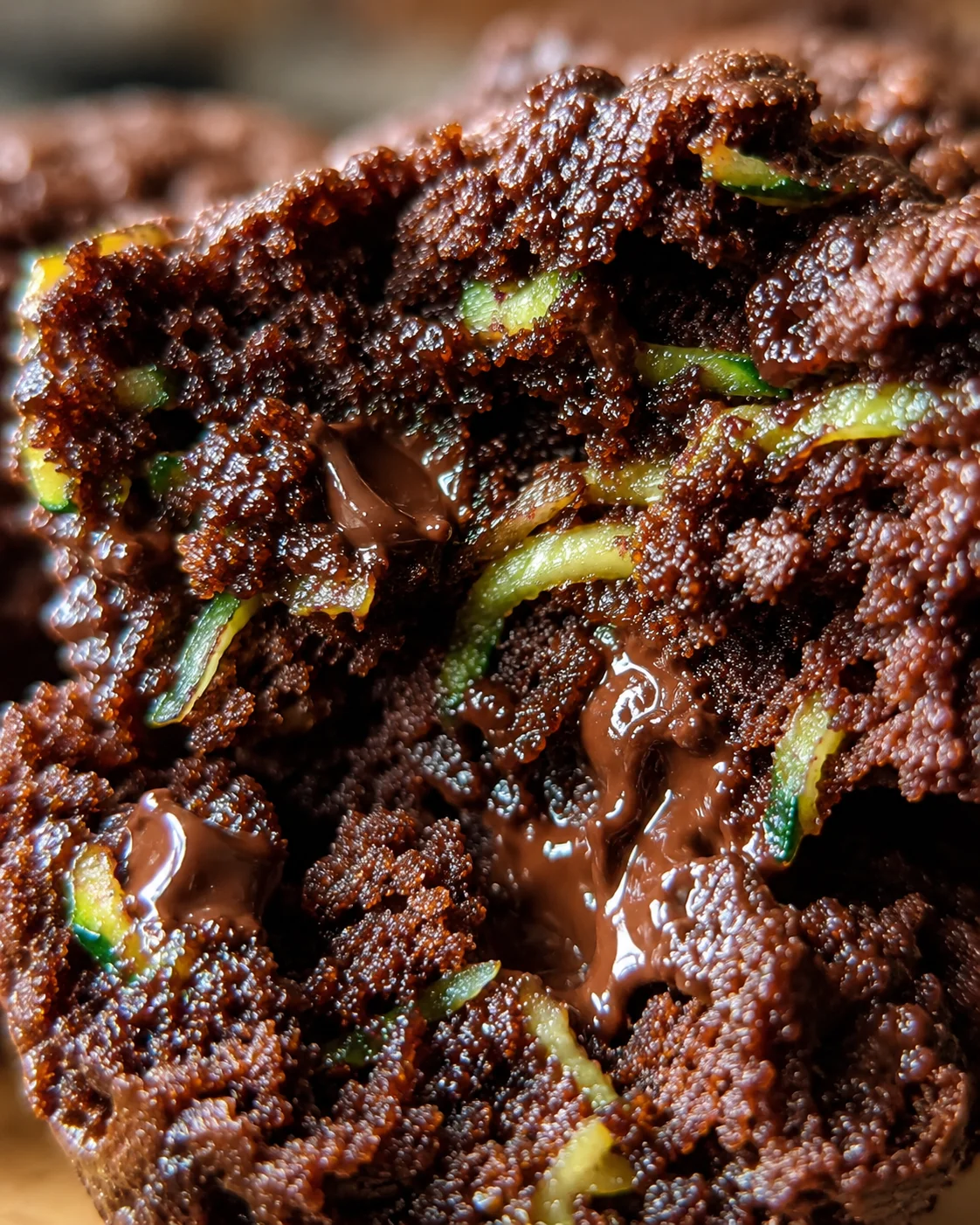 Close-up of moist, fudgy double chocolate zucchini muffins with chocolate chips.