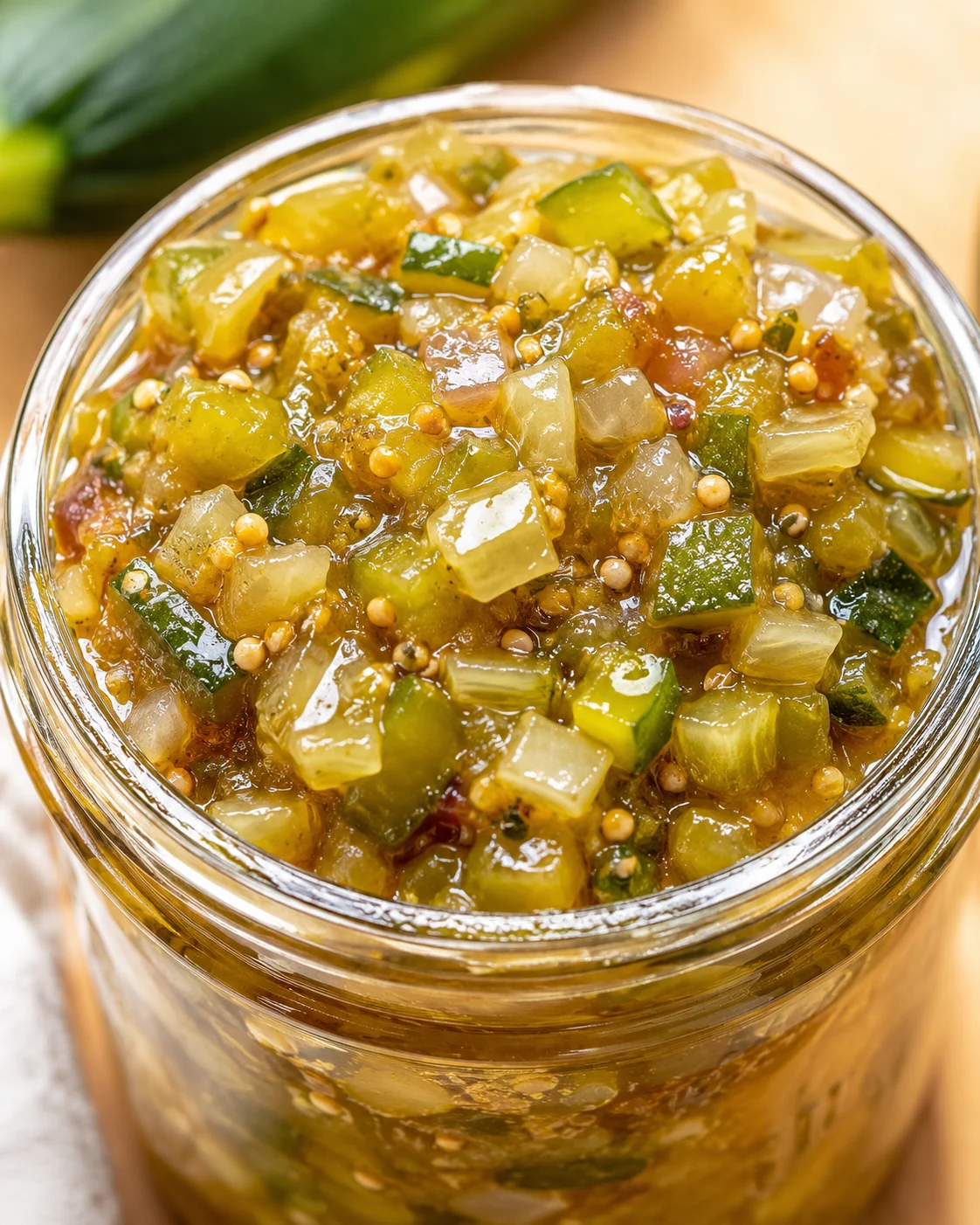 Close-up of homemade zucchini relish in a jar with vibrant colors