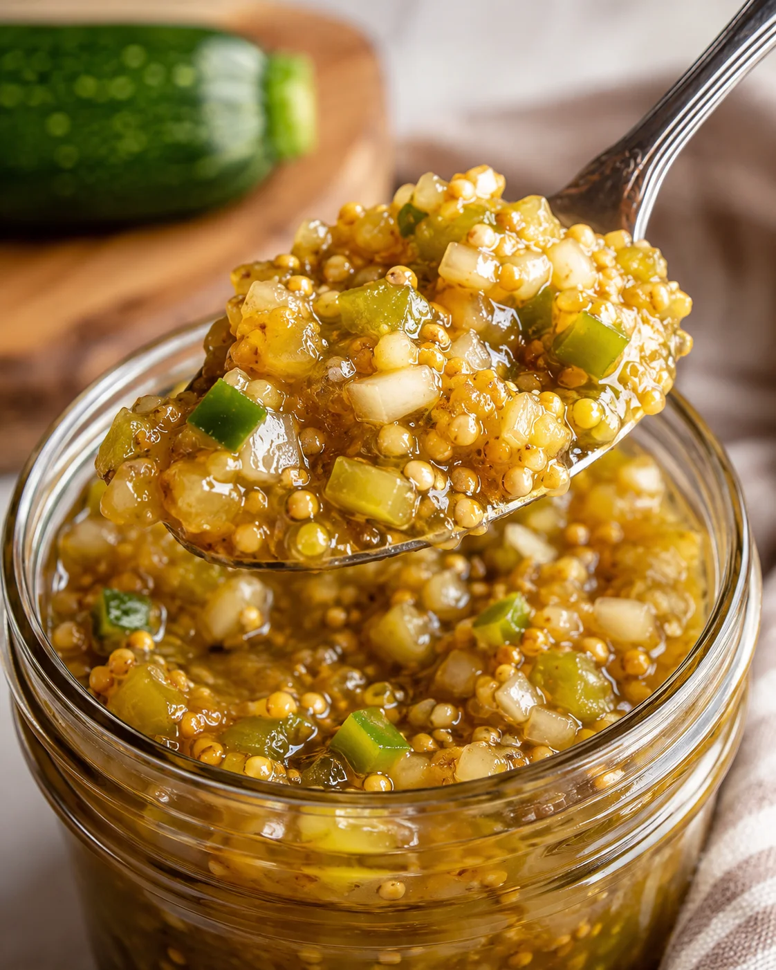 Close-up of spoonful of zucchini relish showing vibrant green and yellow chunks