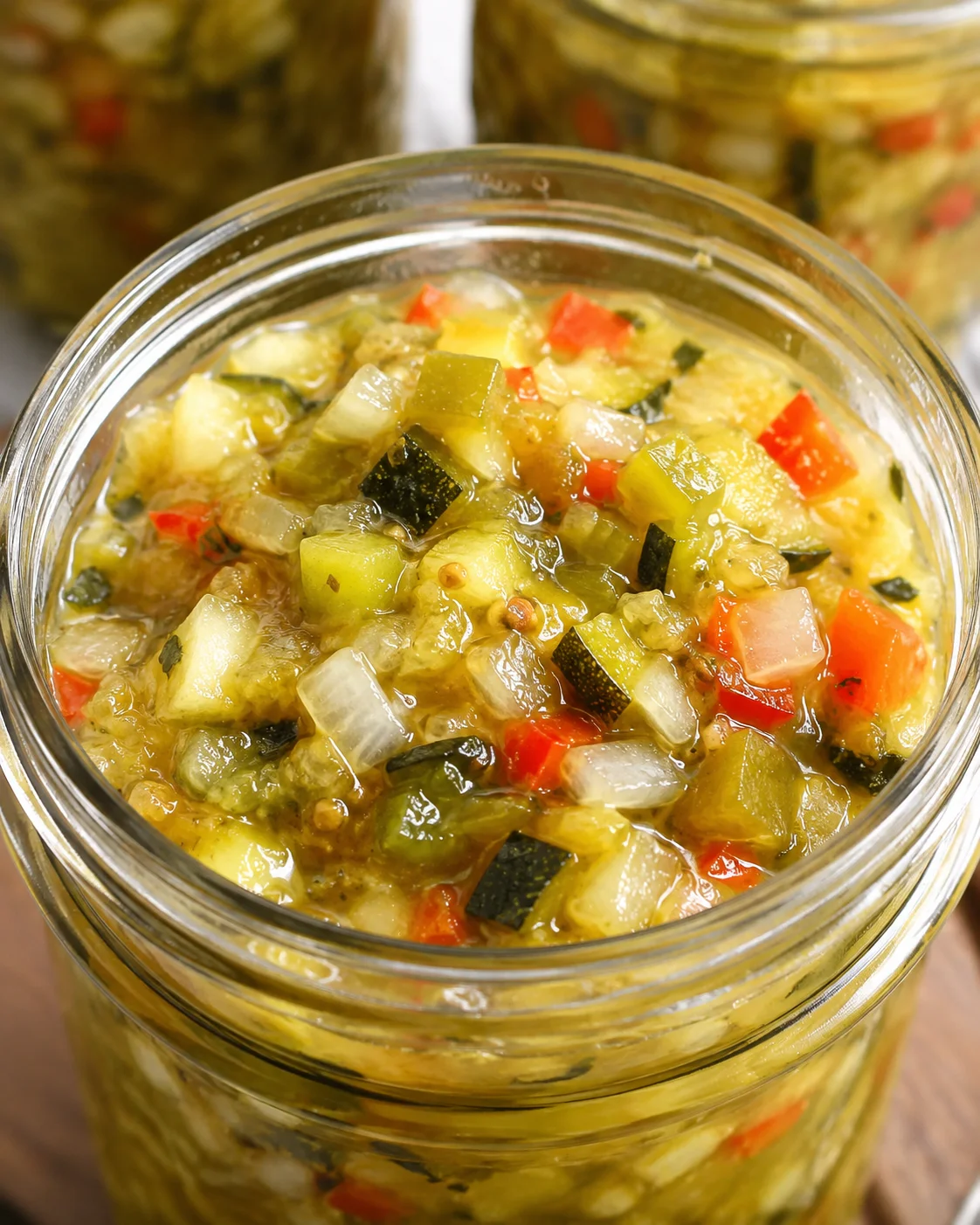 Close-up of homemade zucchini relish in a jar with vibrant chopped vegetables