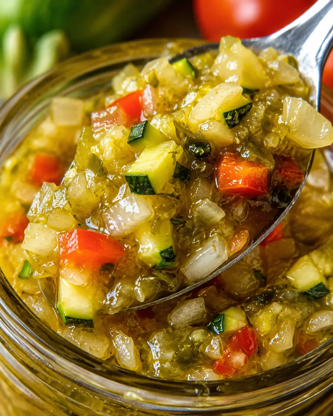 Colorful homemade zucchini relish in a jar with chopped vegetables and vibrant colors