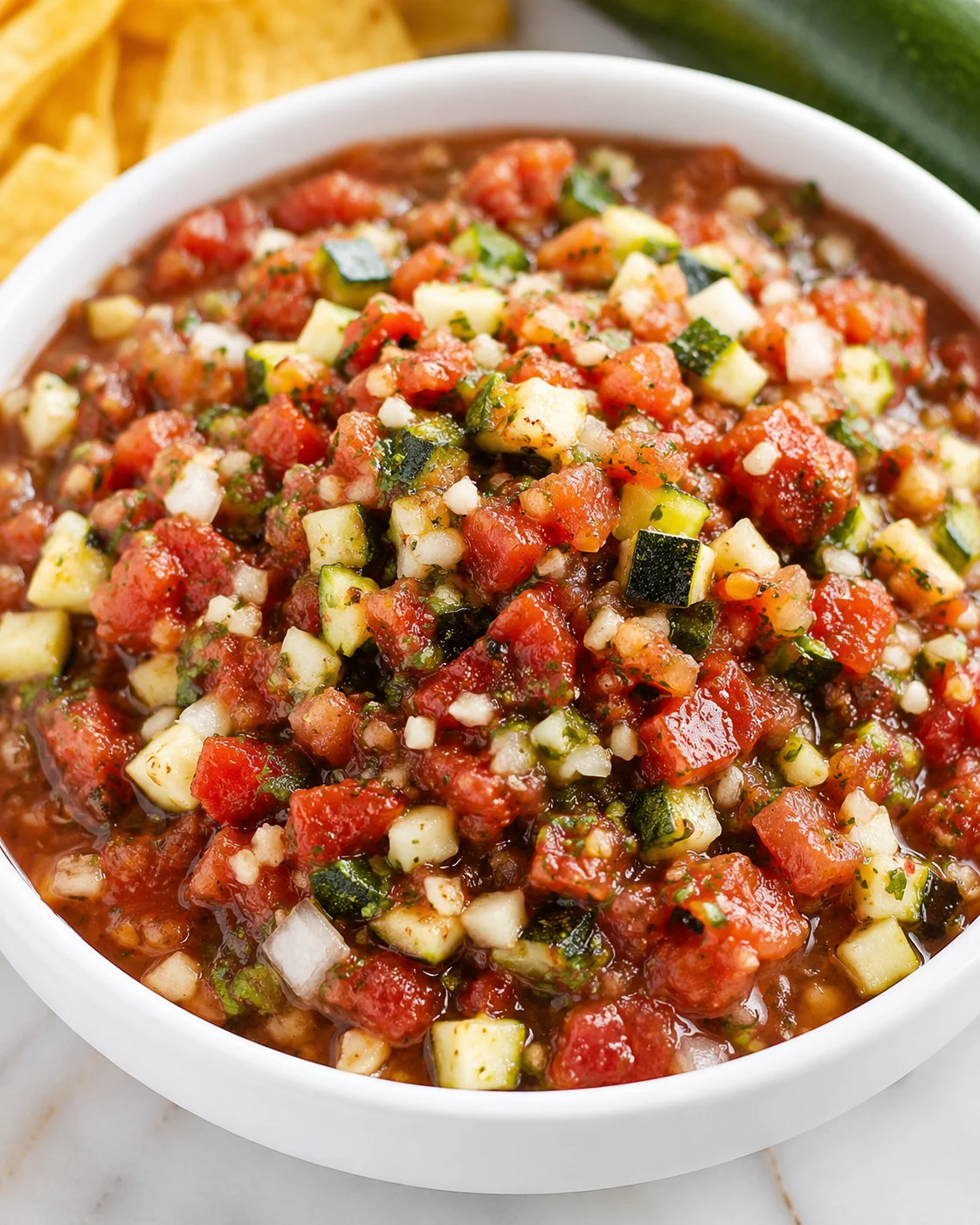 Colorful zucchini salsa with tomatoes, onions, and cilantro in a white bowl.