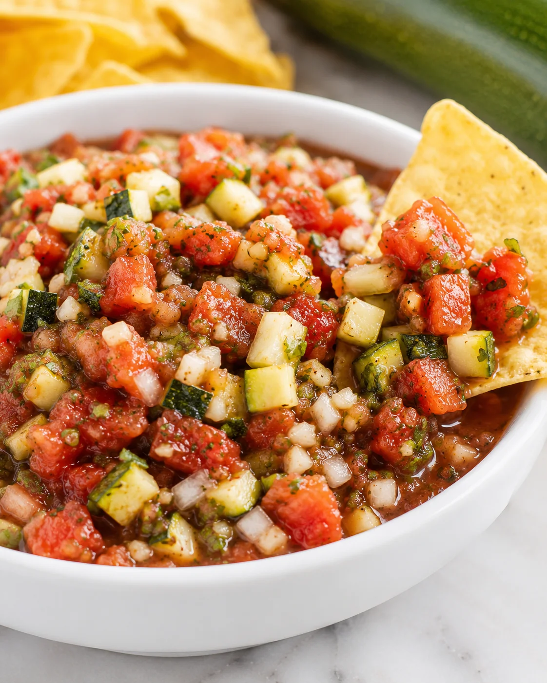 Colorful zucchini salsa with tomatoes, onions, and herbs in a white bowl.