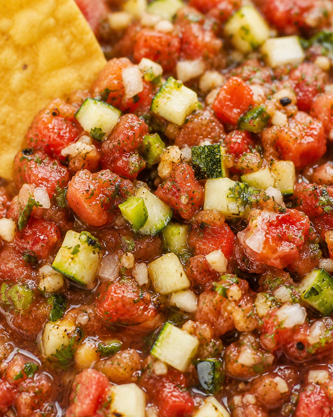 Close-up of colorful homemade zucchini salsa with vegetable chunks and spices