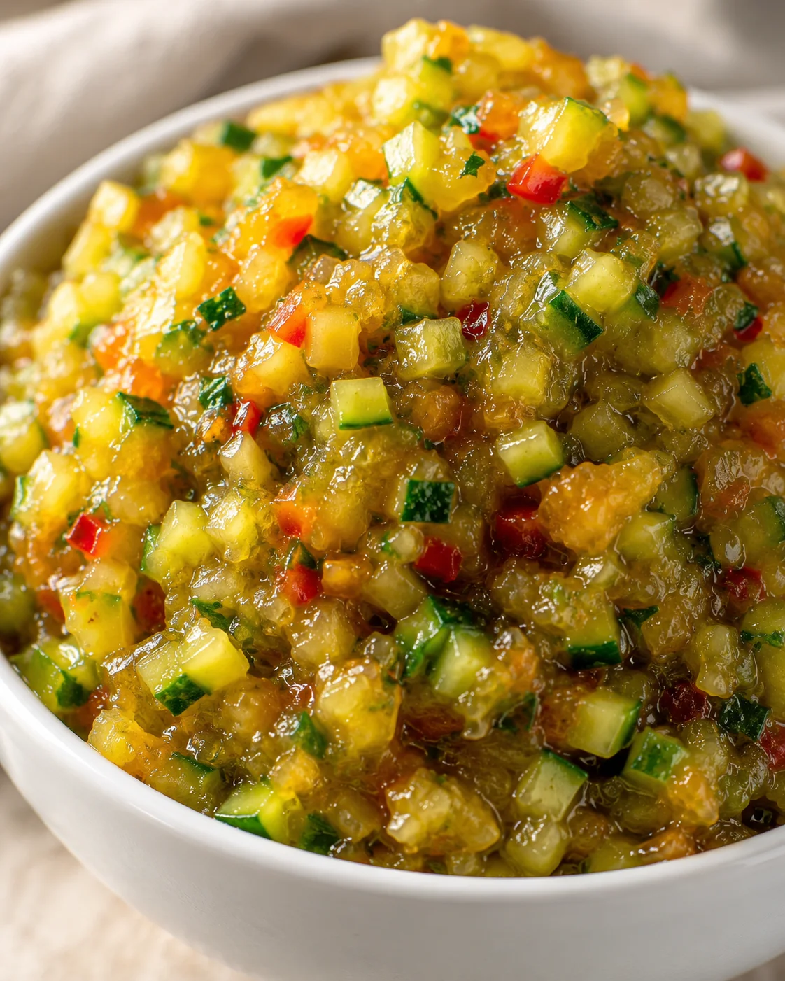 Close-up of vibrant, chunky sweet zucchini relish in a white bowl.