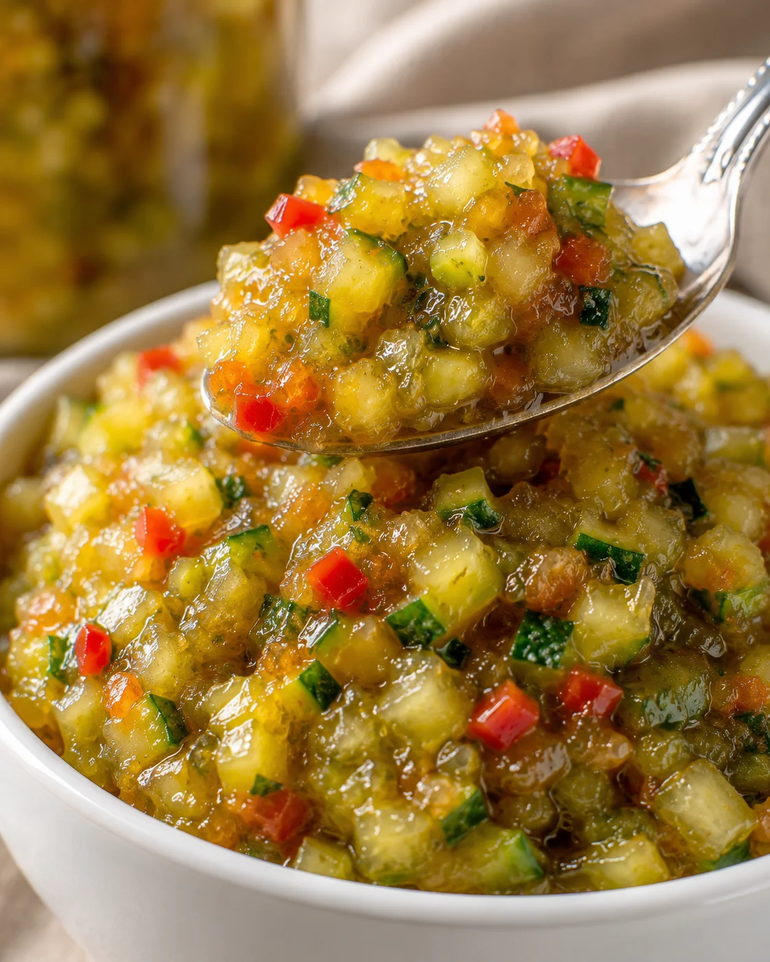 Colorful bowl of chunky sweet zucchini relish with peppers and onions