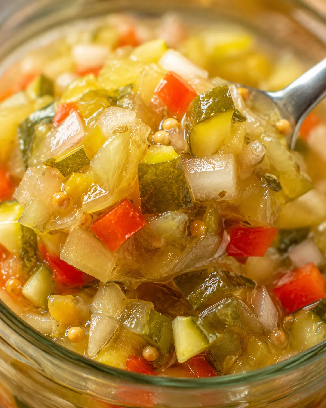 Colorful chopped zucchini, onions, and peppers in a glass jar with relish.