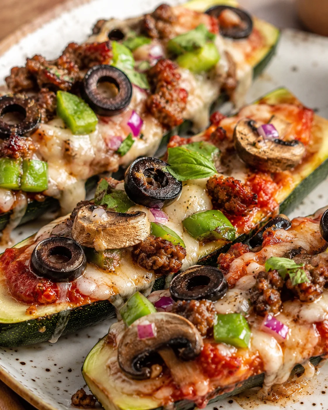 Delicious zucchini pizza boats topped with sausage, mushrooms, olives, and peppers.