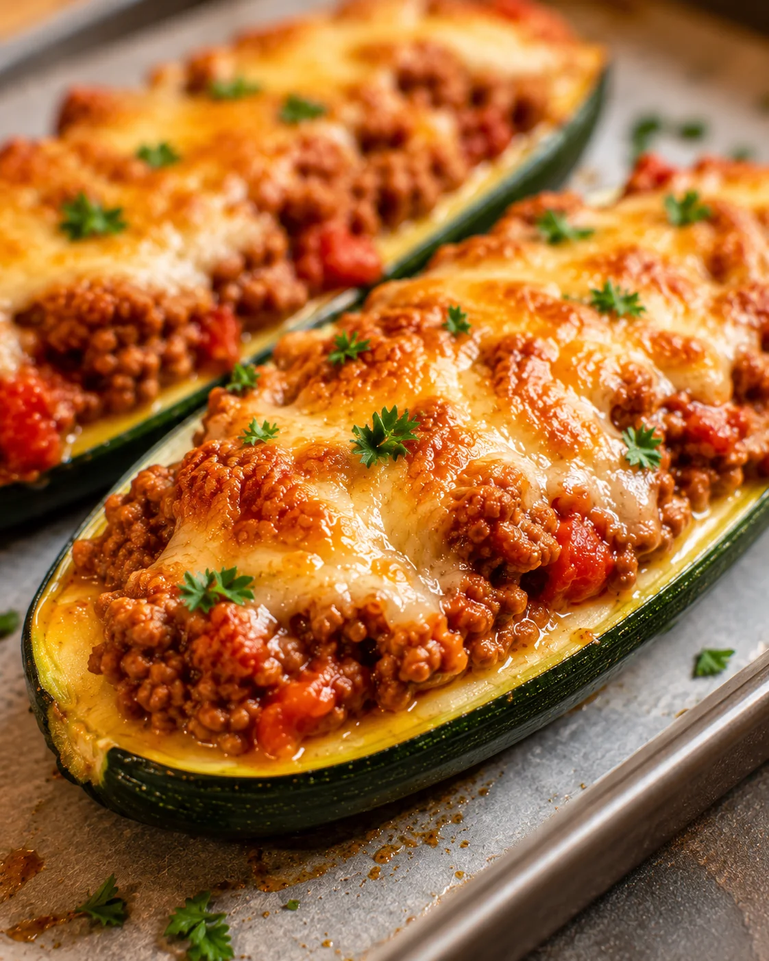 Baked zucchini boats filled with ground beef, cheese, and tomato sauce on a baking tray