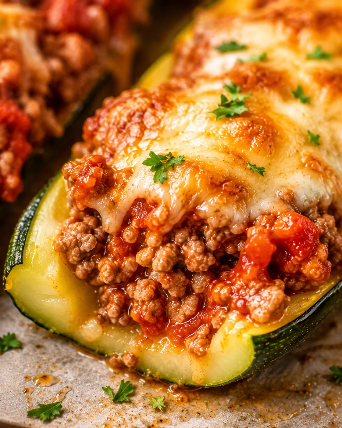 Delicious baked zucchini filled with ground beef and melted cheese garnished with herbs.