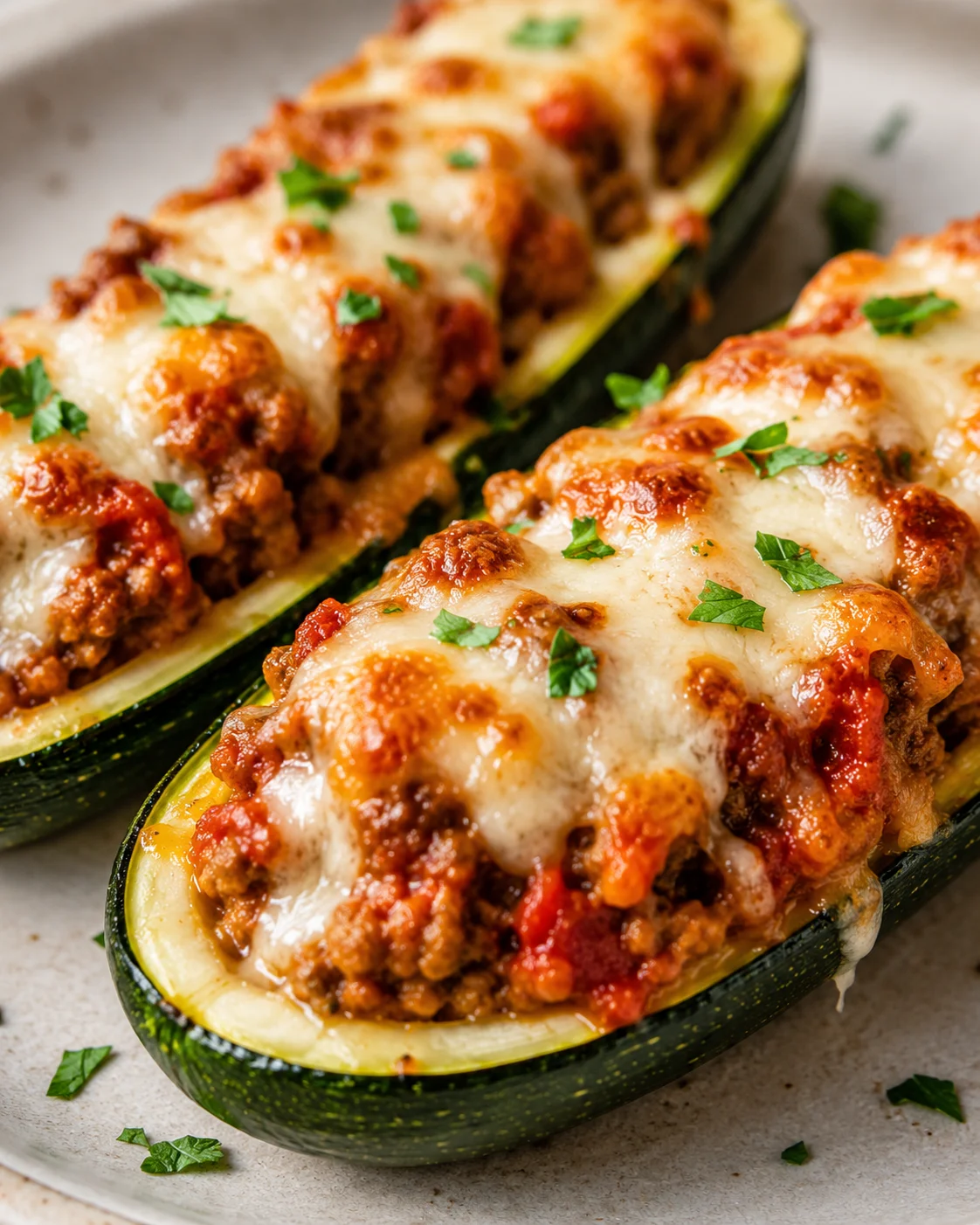 Delicious stuffed zucchini boats with melted cheese and Italian sausage filling.