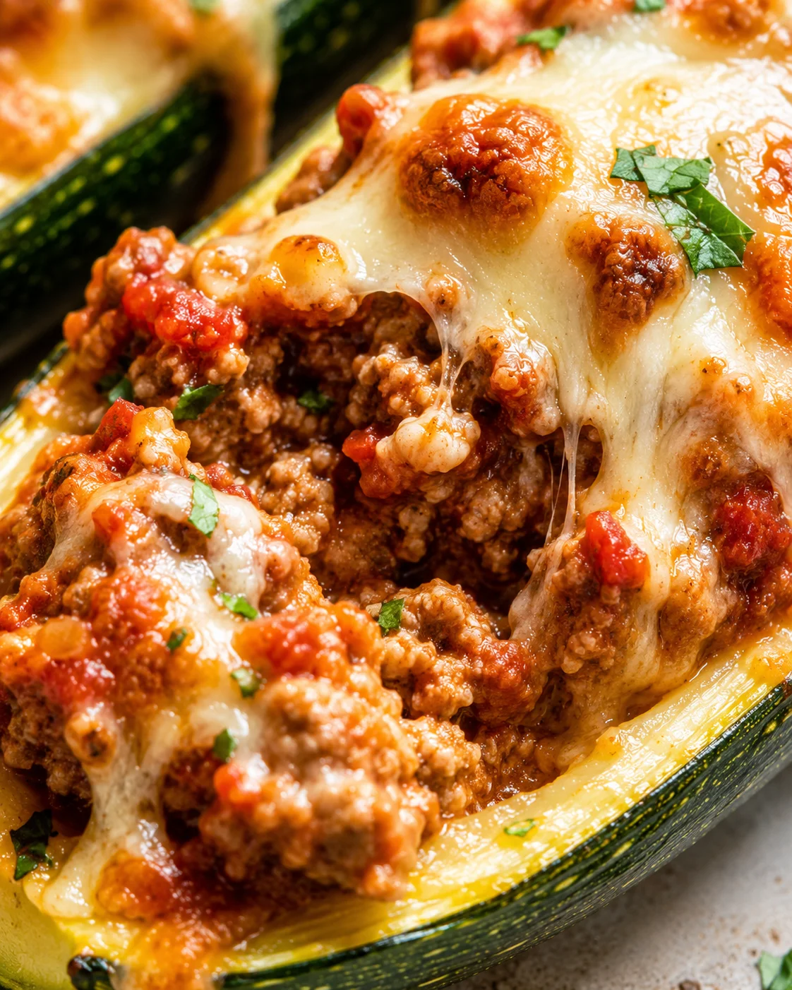 Close-up of baked zucchini boats filled with seasoned sausage, marinara, and melted cheese.