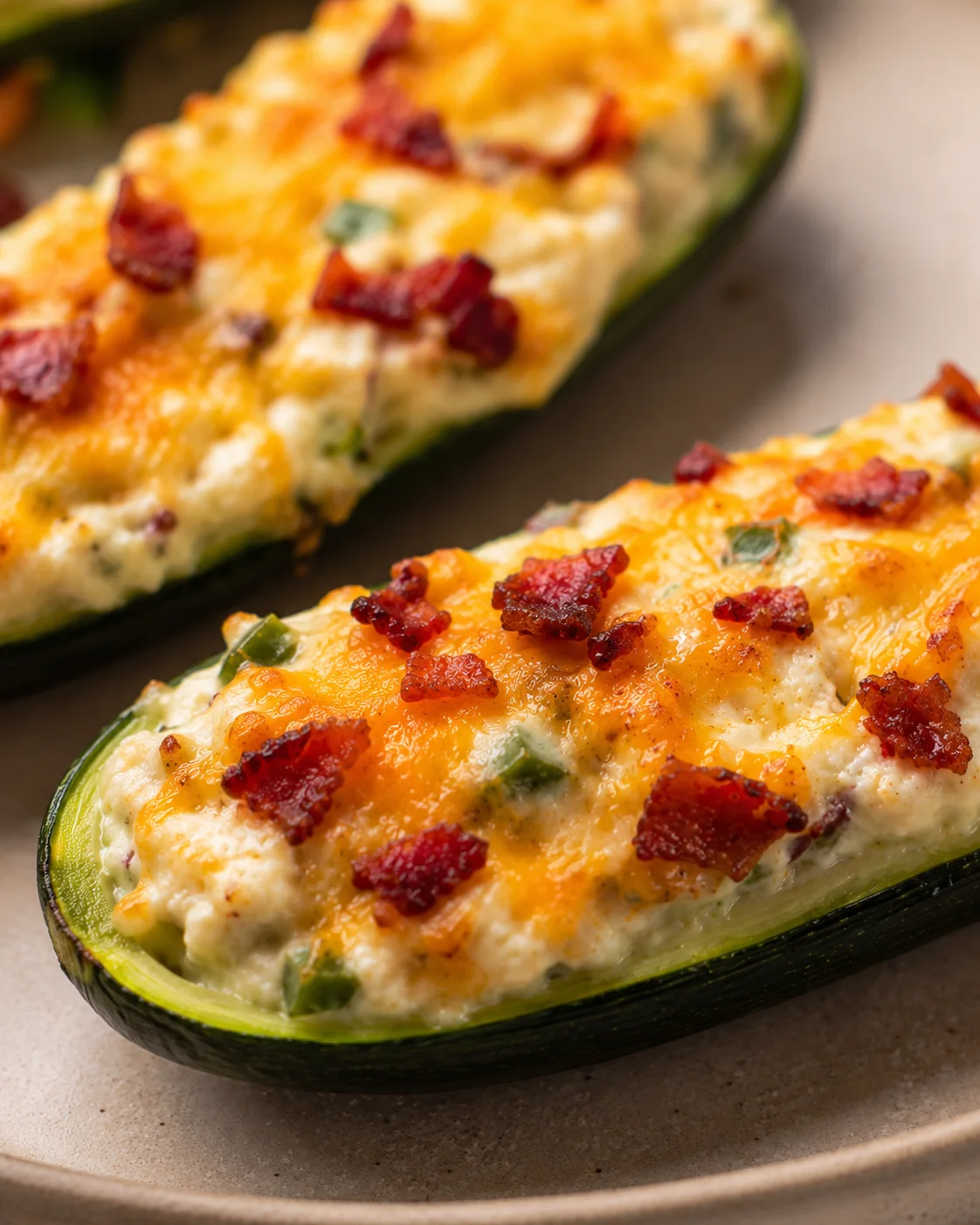 Delicious baked zucchini boats stuffed with cheesy jalapenos and bacon slices.
