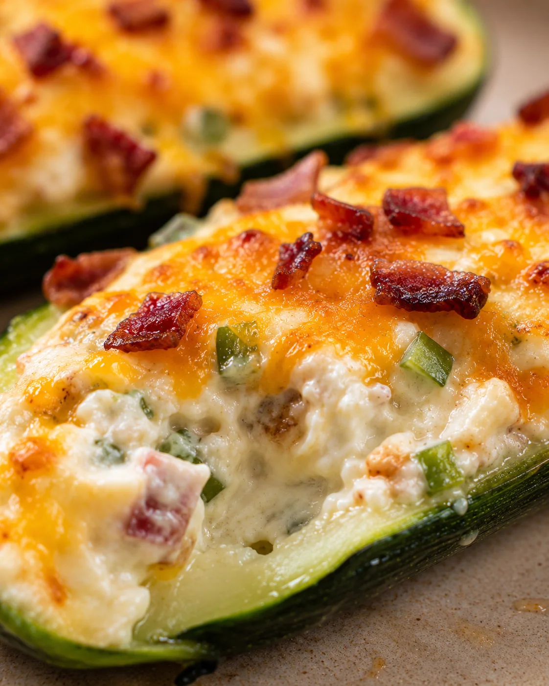 Baked zucchini boats filled with spicy jalapenos, cheese, and bacon bits, ready to serve.