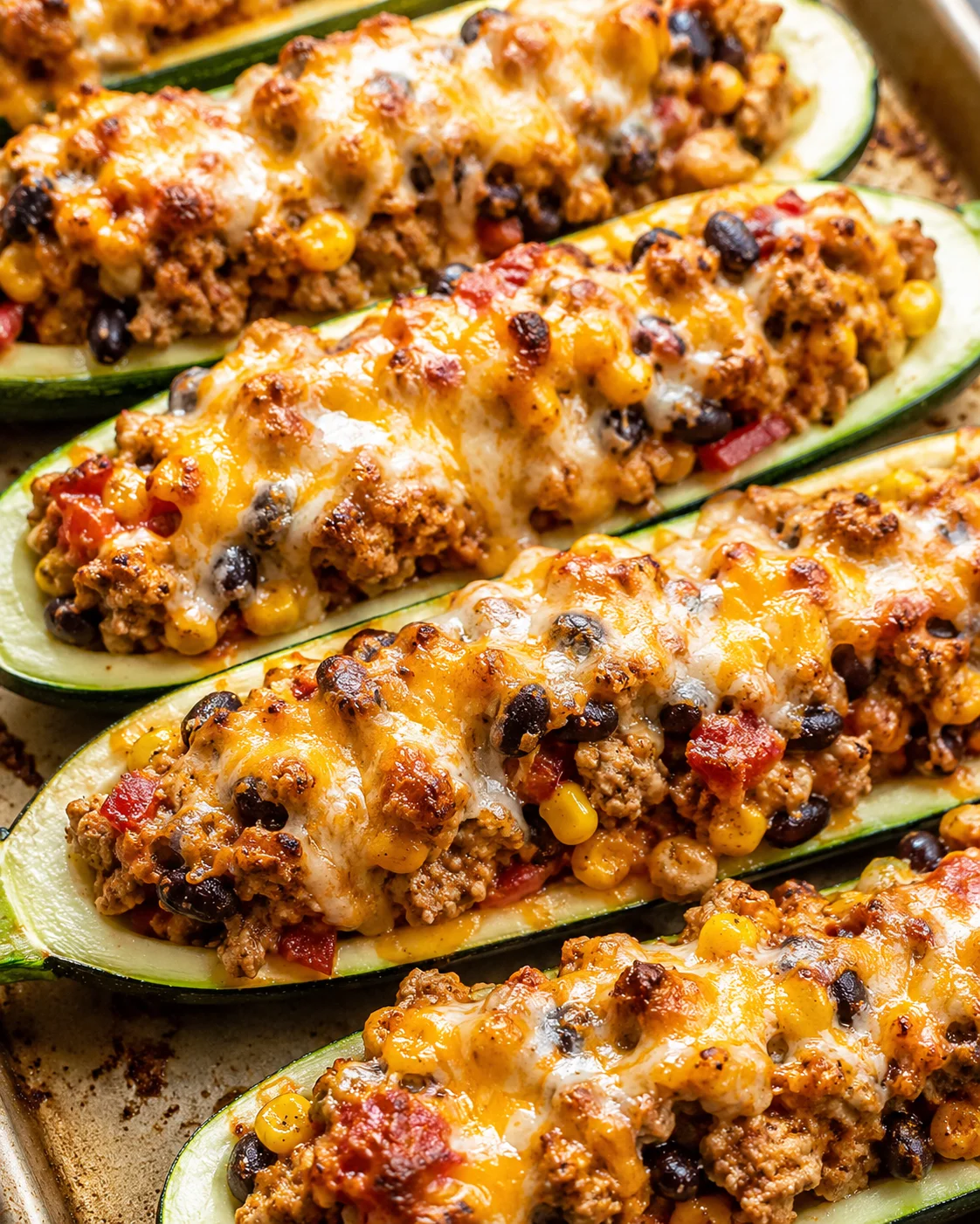 Close-up of baked zucchini boats filled with seasoned ground turkey, black beans, corn, and melted cheese