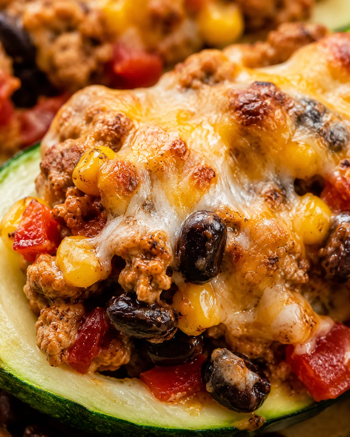 Close-up of cheesy, stuffed zucchini boats filled with ground turkey, black beans, and corn.
