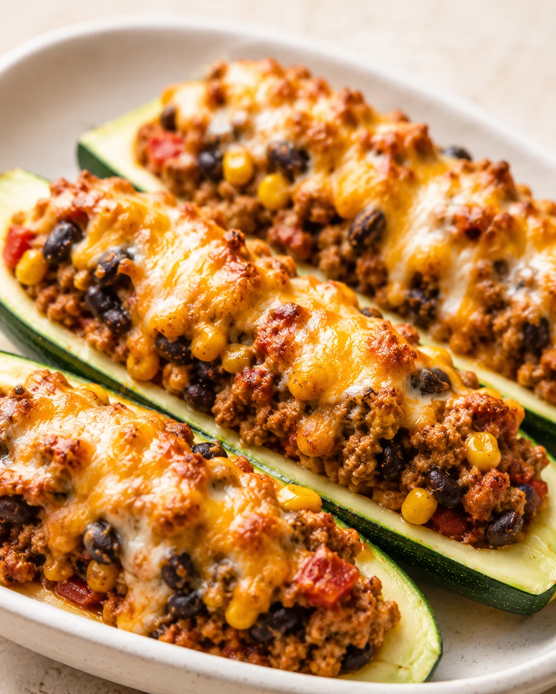 Baked zucchini boats filled with Taco ground turkey mix, topped with melted cheese.