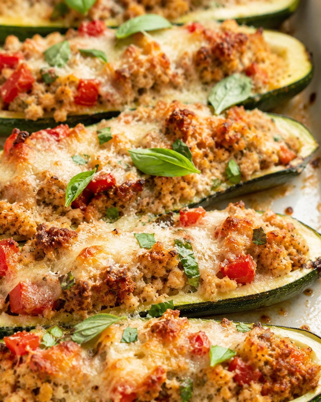 Delicious baked zucchini halves filled with sausage, tomato, couscous, and melted cheese.