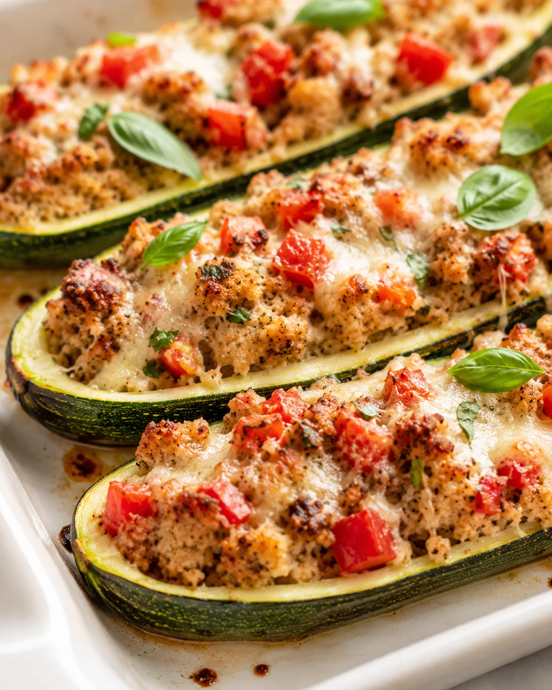 Close-up of baked zucchini boats filled with sausage, tomatoes, and melted cheese, garnished with basil.