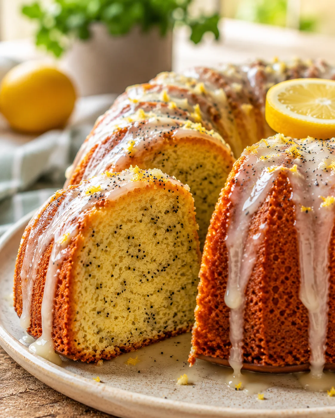 Delicious moist lemon poppy seed cake with lemon glaze and fresh lemon garnish.