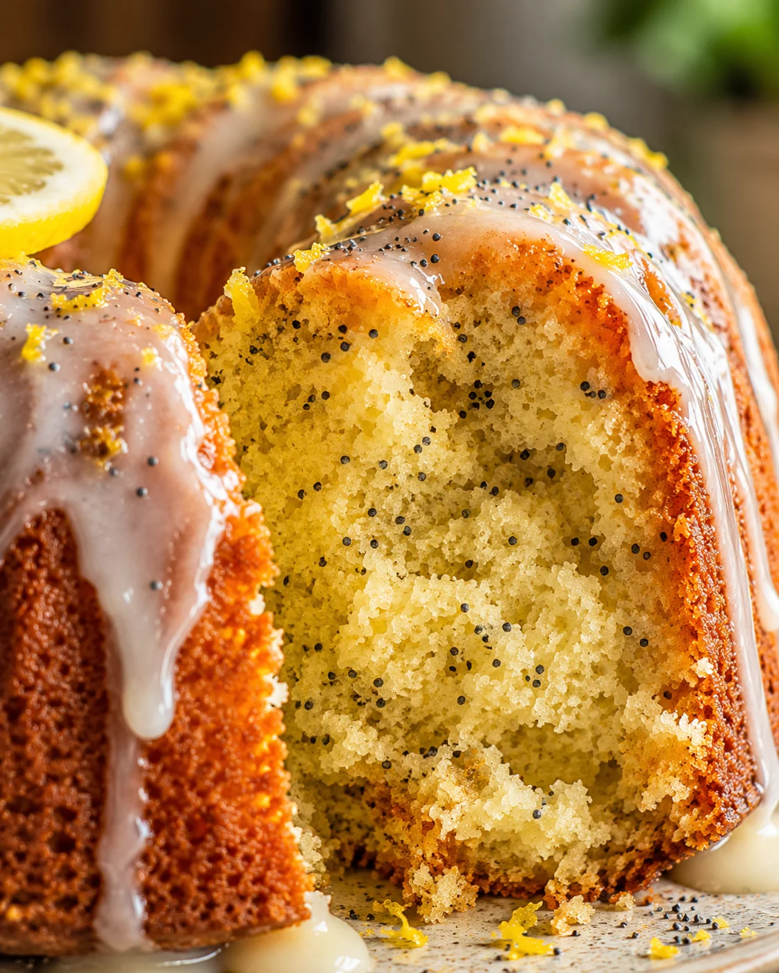 Close-up of moist lemon poppy seed cake with glaze and lemon garnish