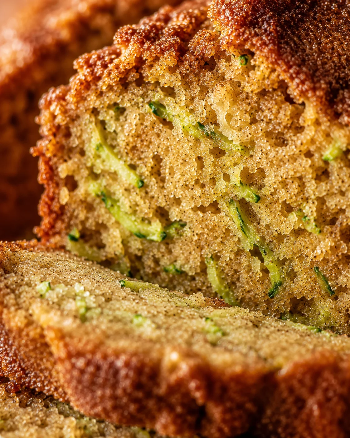 Close-up of moist zucchini bread with cinnamon-sugar topping and green zucchini bits
