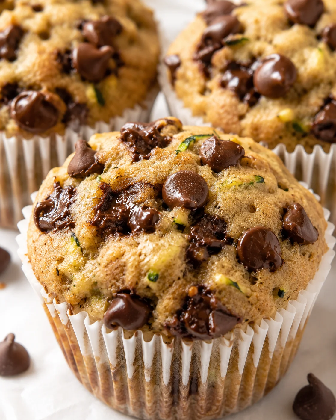 Close-up of moist zucchini chocolate chip muffins with gooey chocolate chunks