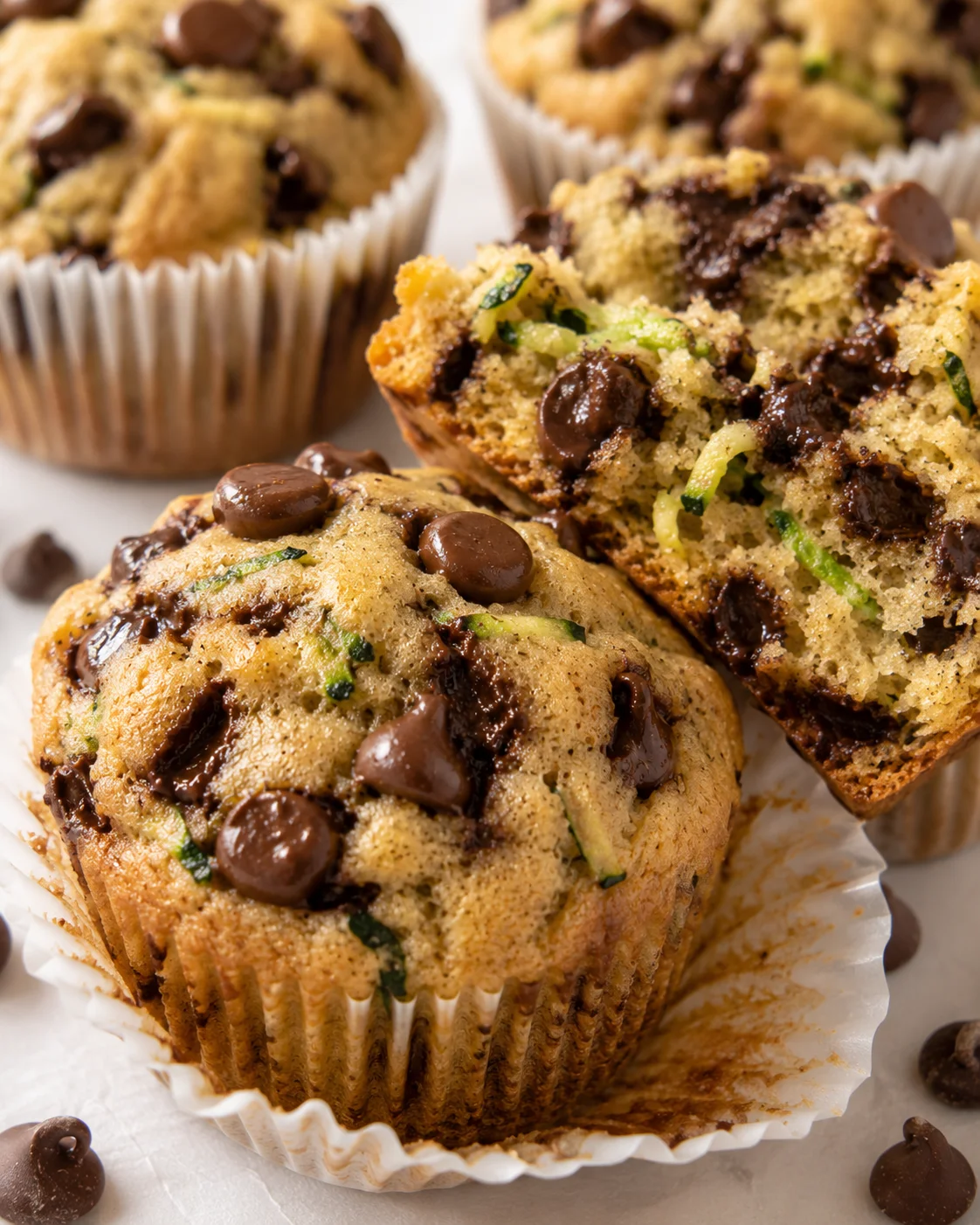 Delicious moist zucchini muffins filled with chocolate chips and topped with fresh zucchini.