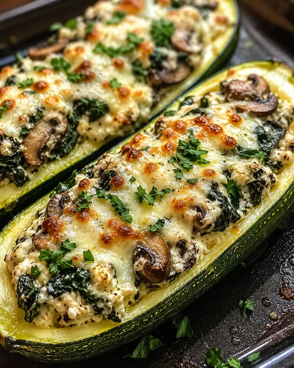 Baked zucchini boats filled with spinach, mushrooms, and ricotta cheese, topped with melted cheese.