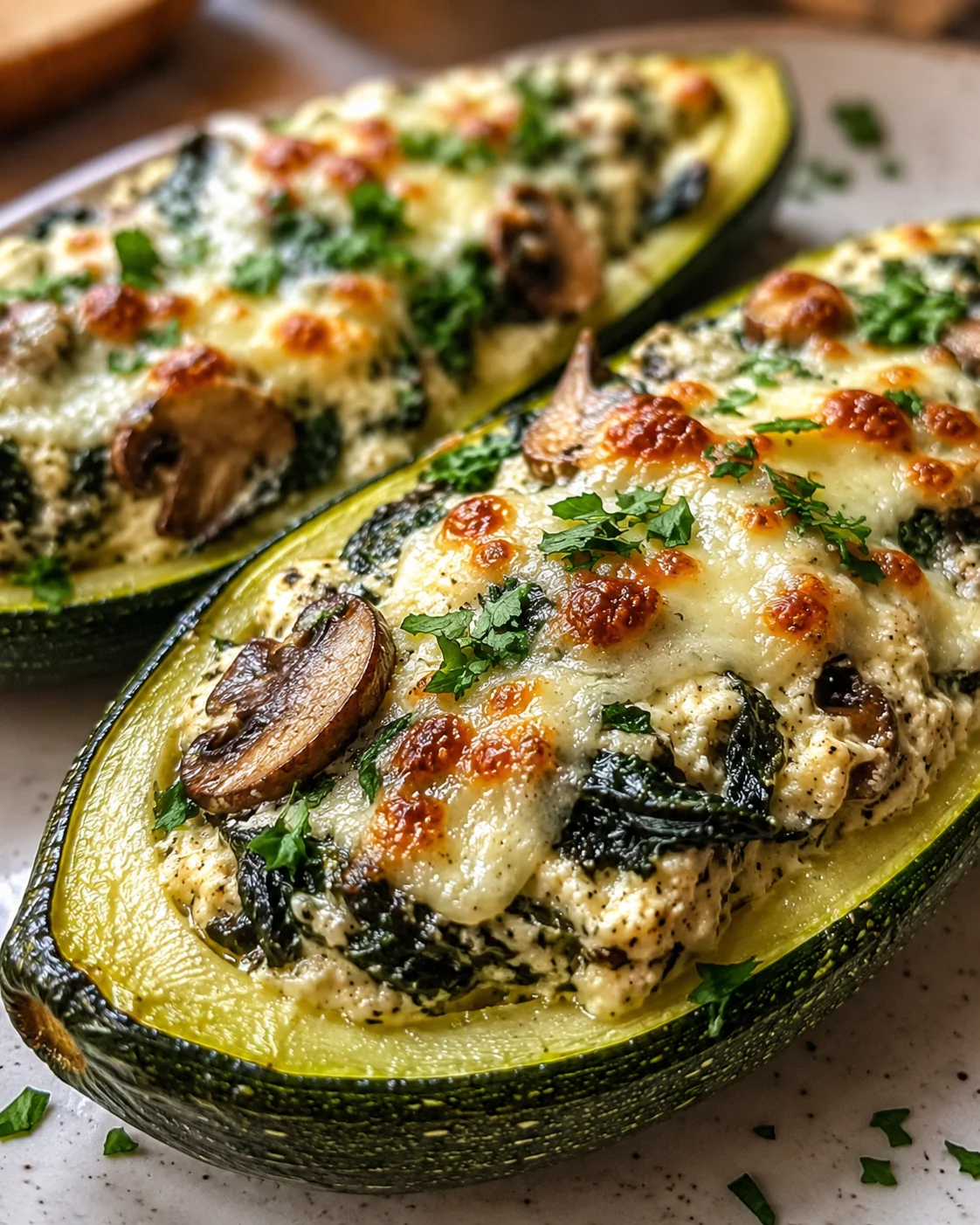 Delicious zucchini boats filled with spinach, mushrooms, and melted cheese fresh out of the oven