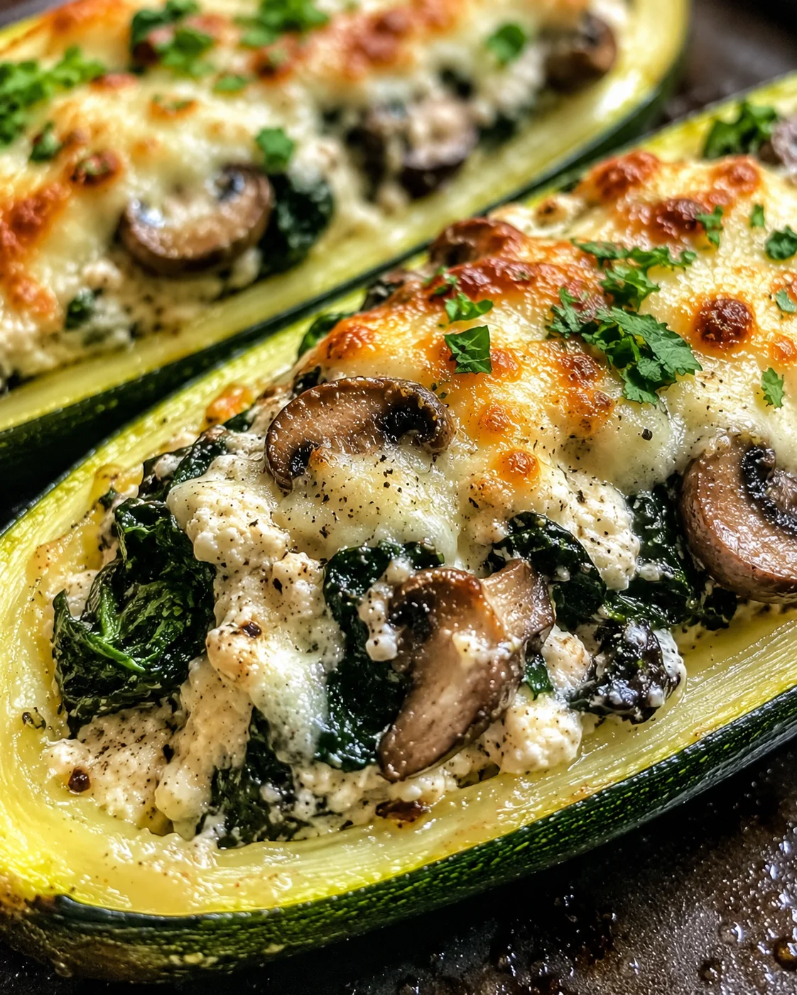 Close-up of baked zucchini boats filled with spinach, mushrooms, and ricotta cheese