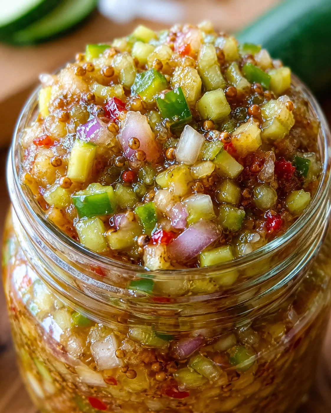 Close-up of homemade tangy zucchini relish in a glass jar, colorful and crunchy.