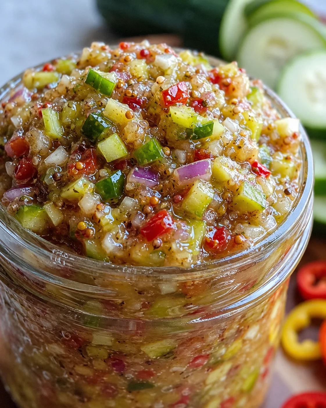 Close-up of colorful homemade zucchini relish in a jar with fresh ingredients around