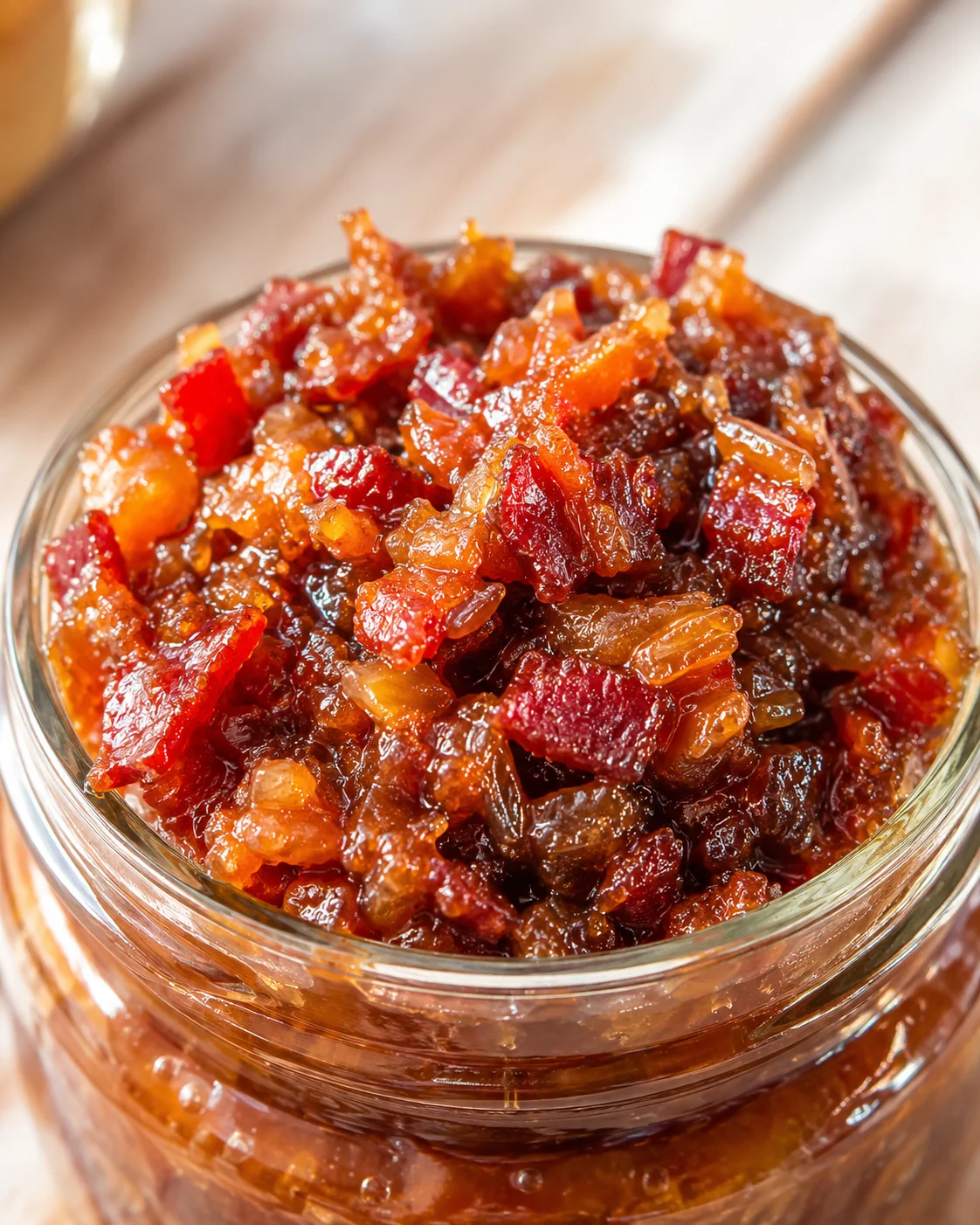 Close-up of a glossy jar of homemade bacon jam with caramelized onions and bacon pieces