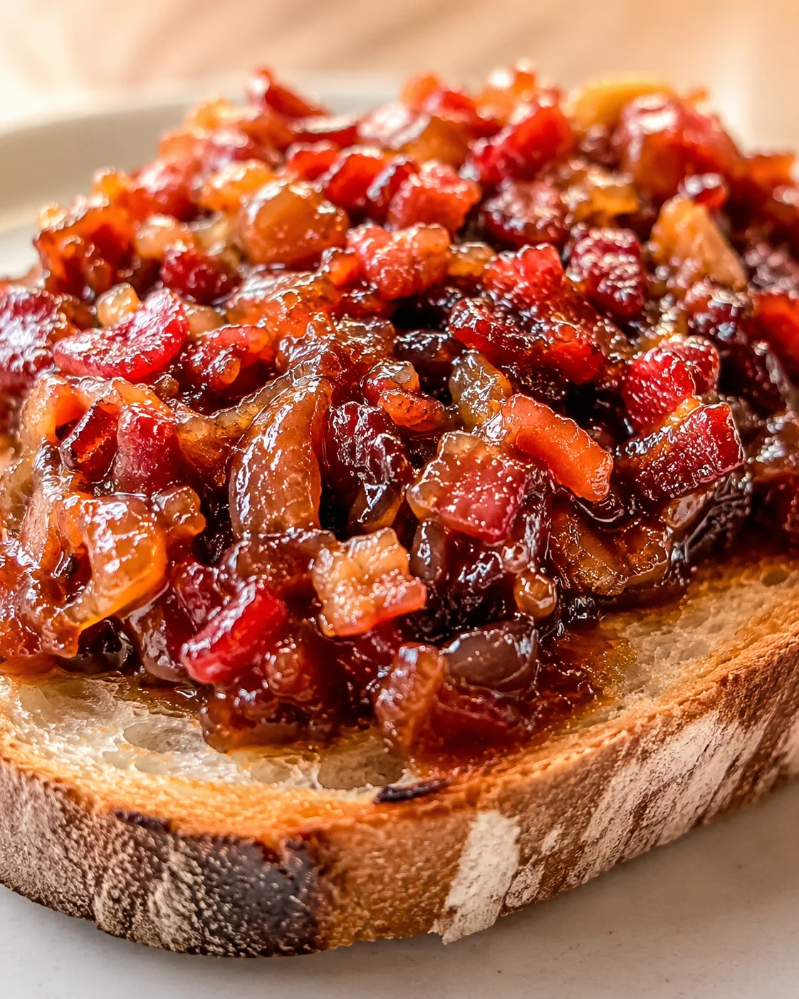 Close-up of savory bacon jam on toasted bread slice with caramelized onions