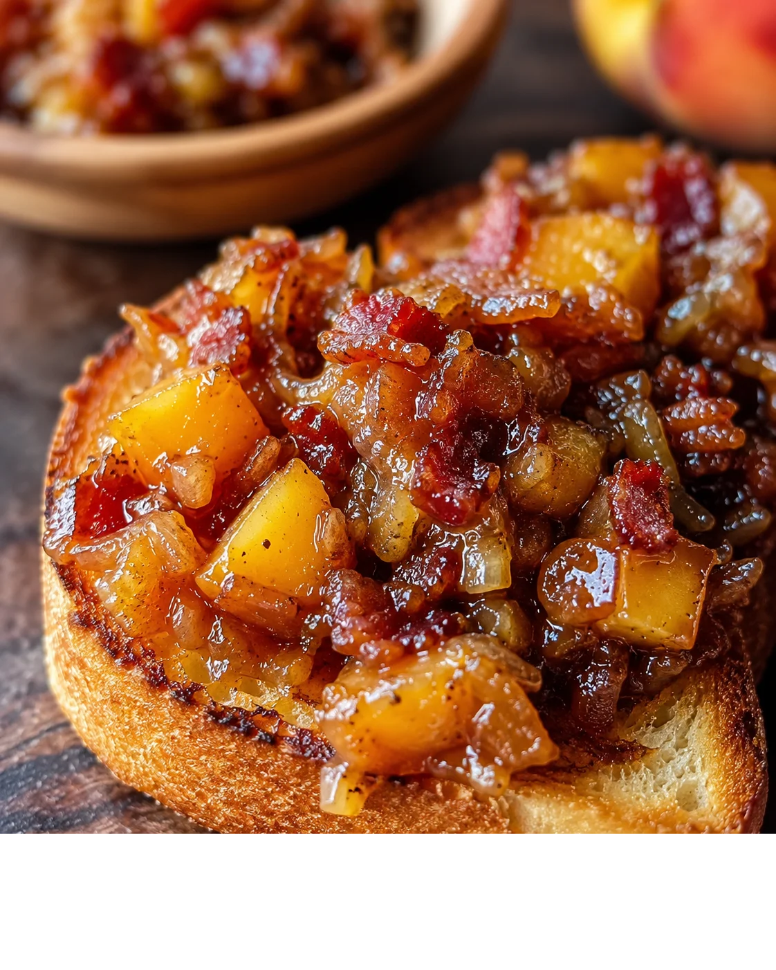 Close-up of a toasted bread topped with sweet and savory peach bacon jam
