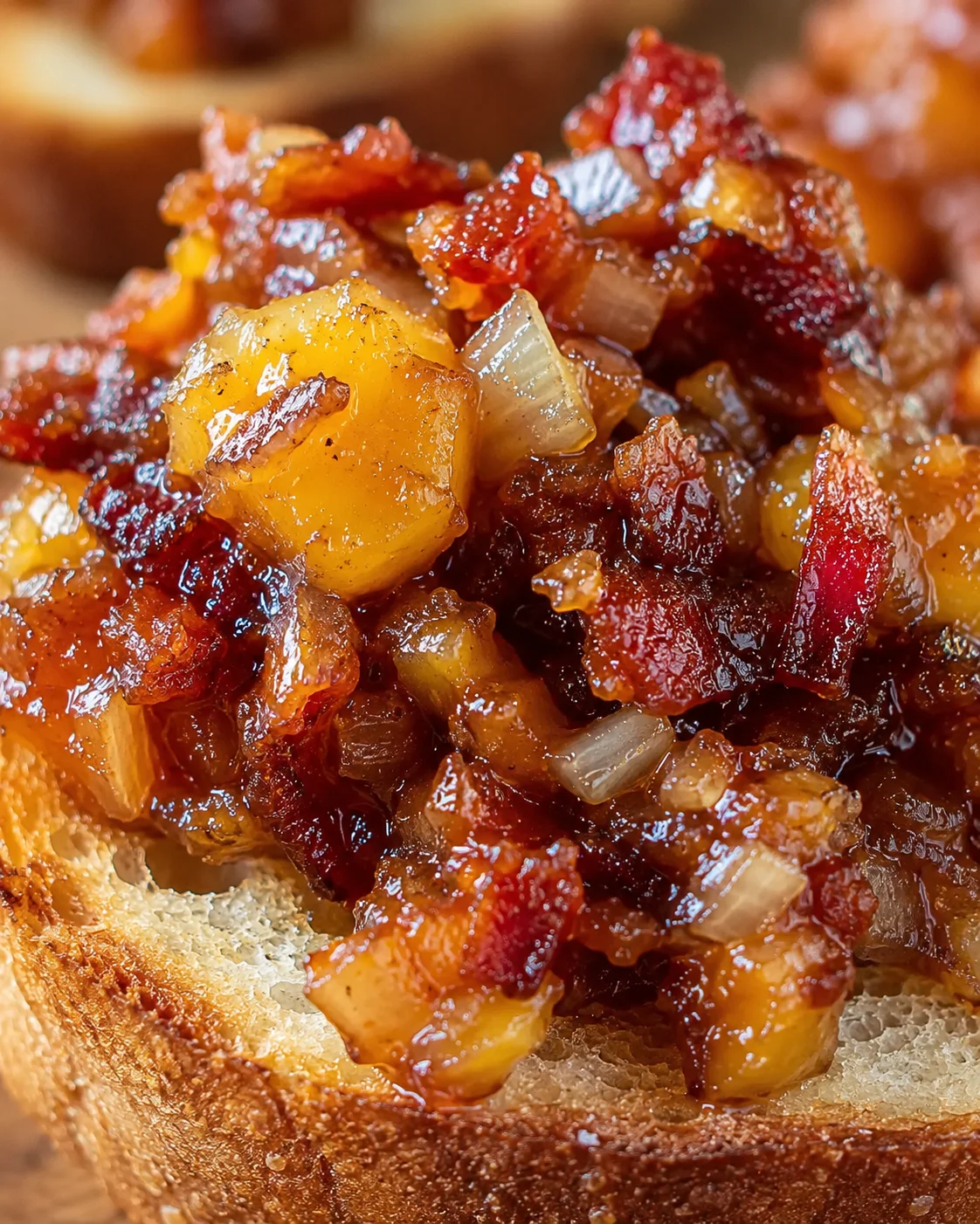 Close-up of sweet and savory peach bacon jam on a slice of bread