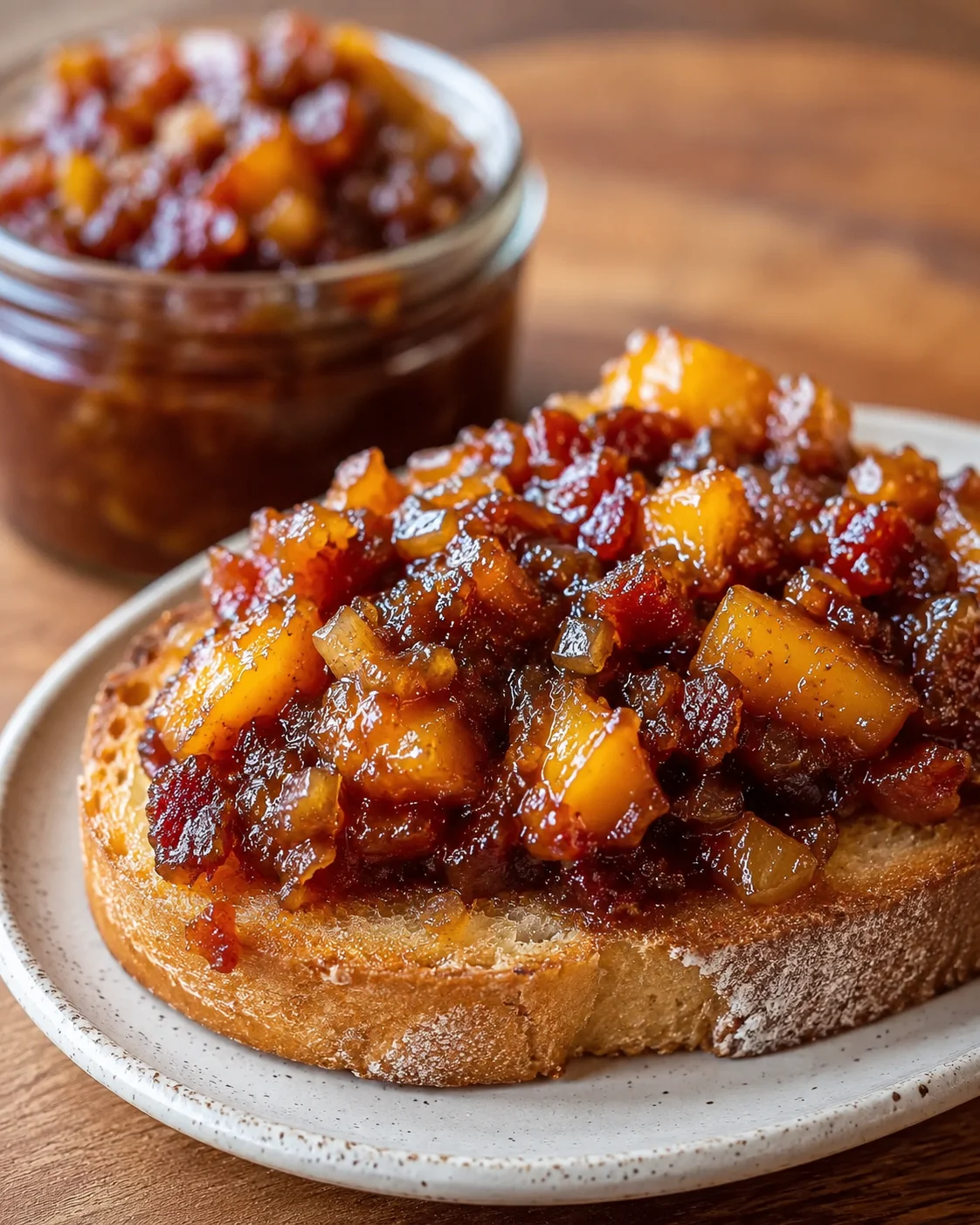 Close-up of a toasted slice topped with peach bacon jam spread, with a jar in the background.