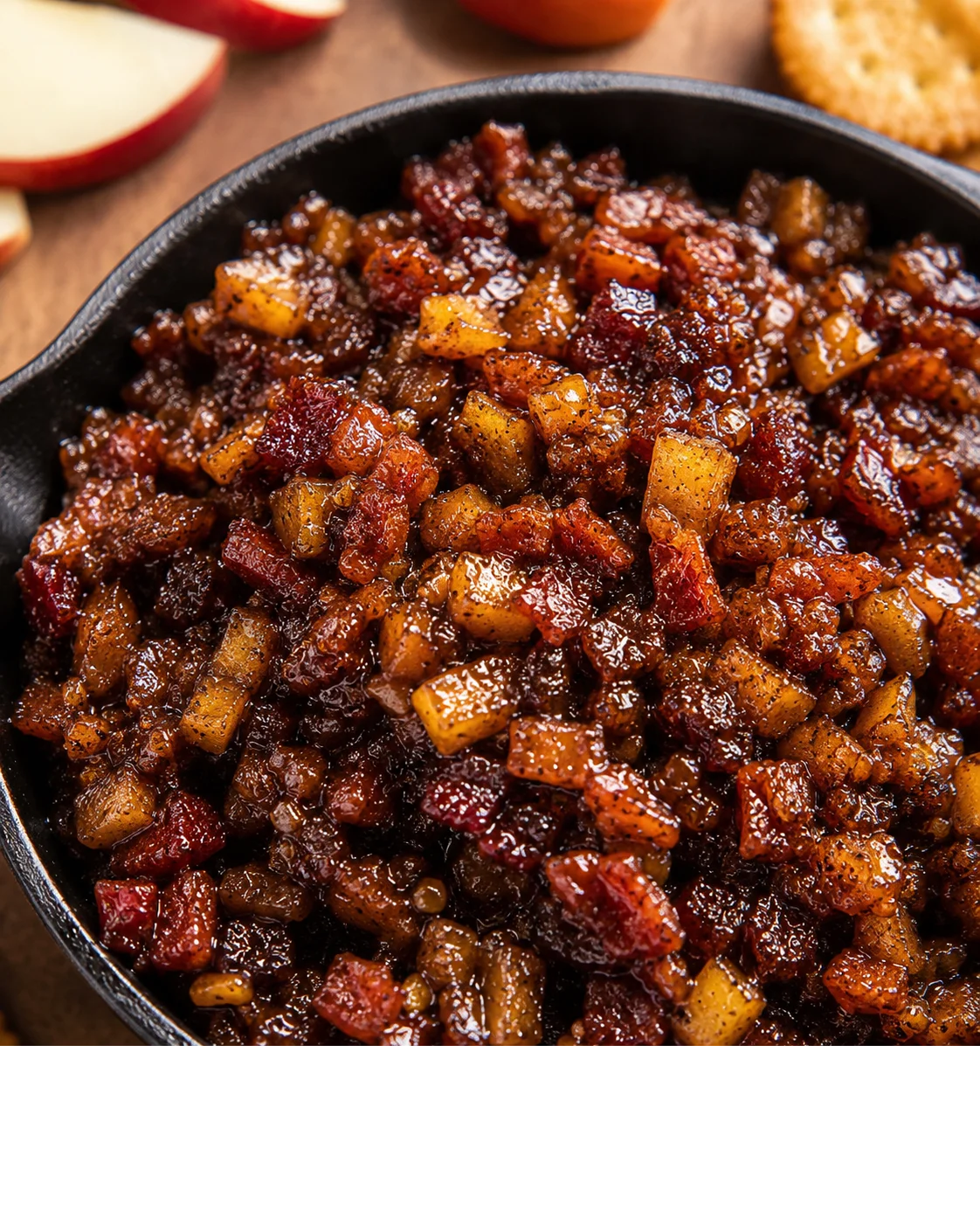 Close-up of savory apple whiskey bacon jam in a black dish with apples around