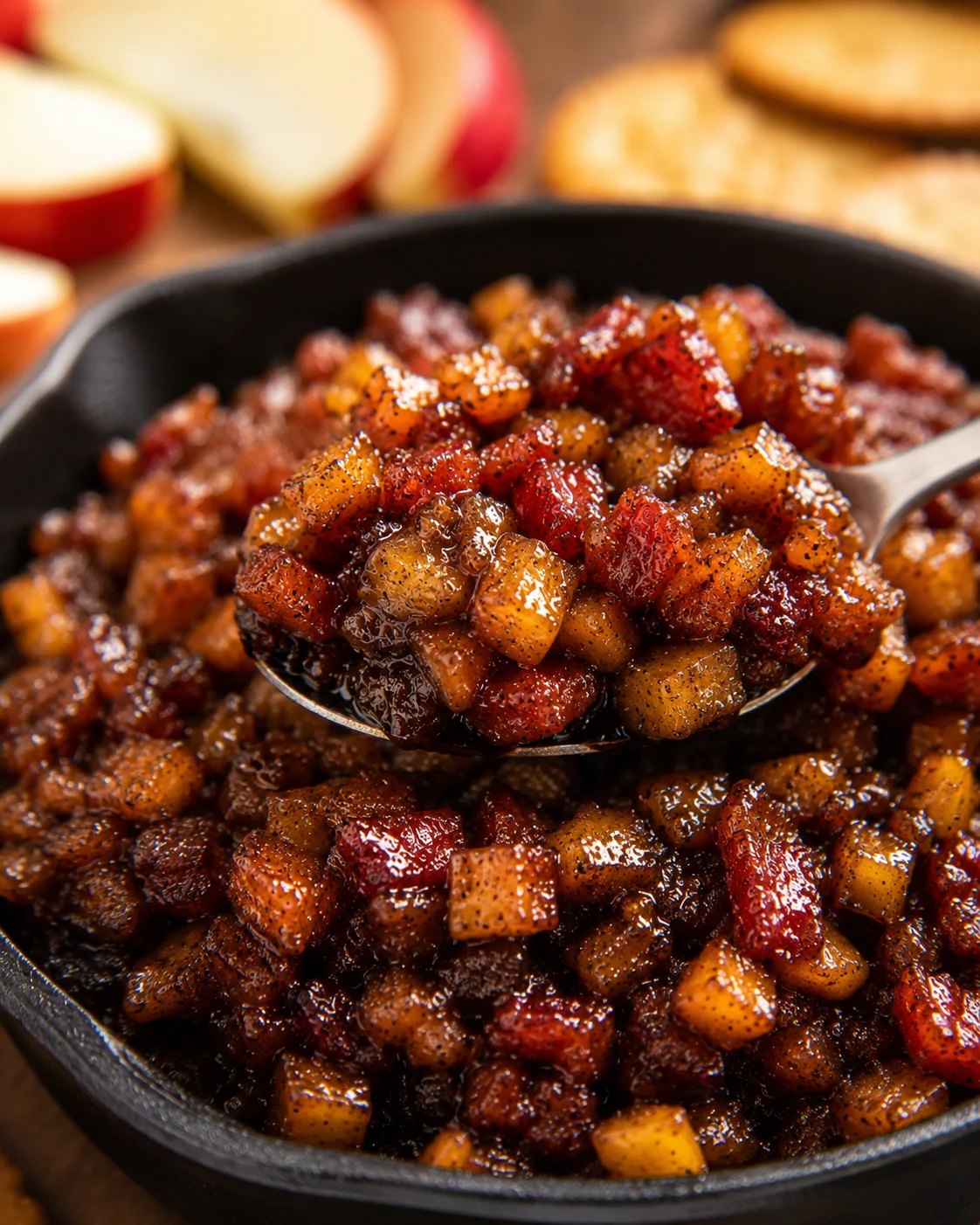 Close-up of glossy, caramelized apple bacon jam in a skillet with fresh apples nearby.