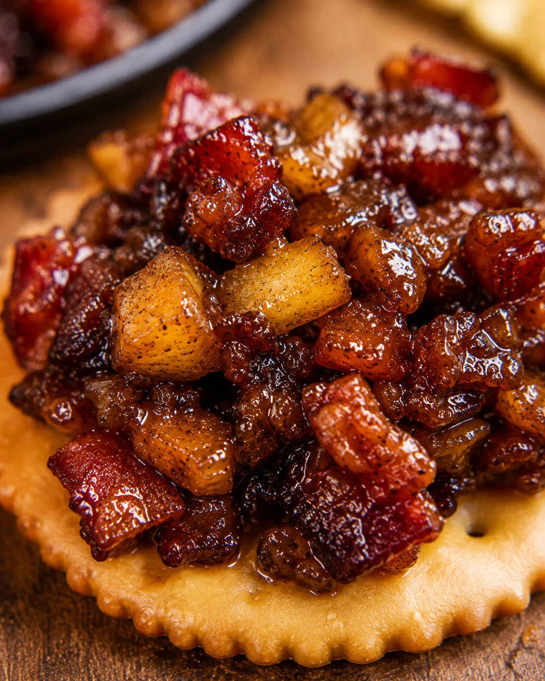 Close-up of savory apple whiskey bacon jam on a cracker.