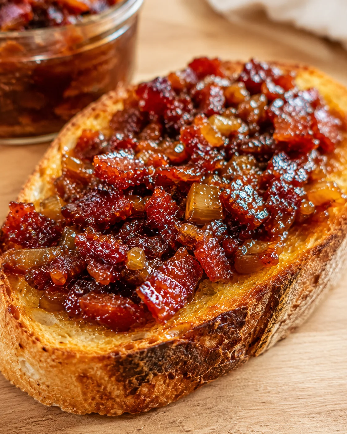 Close-up of toasted bread topped with maple bacon bourbon jam, glistening and flavorful