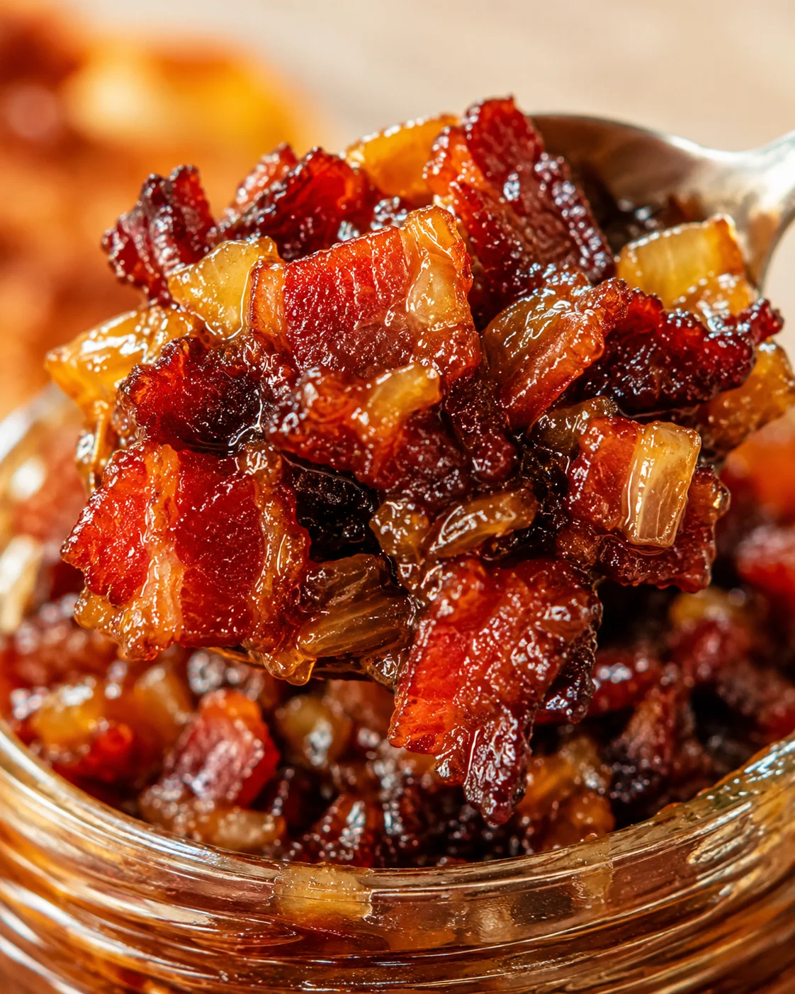 Close-up of glossy, savory maple bacon bourbon jam spoonful in a jar.