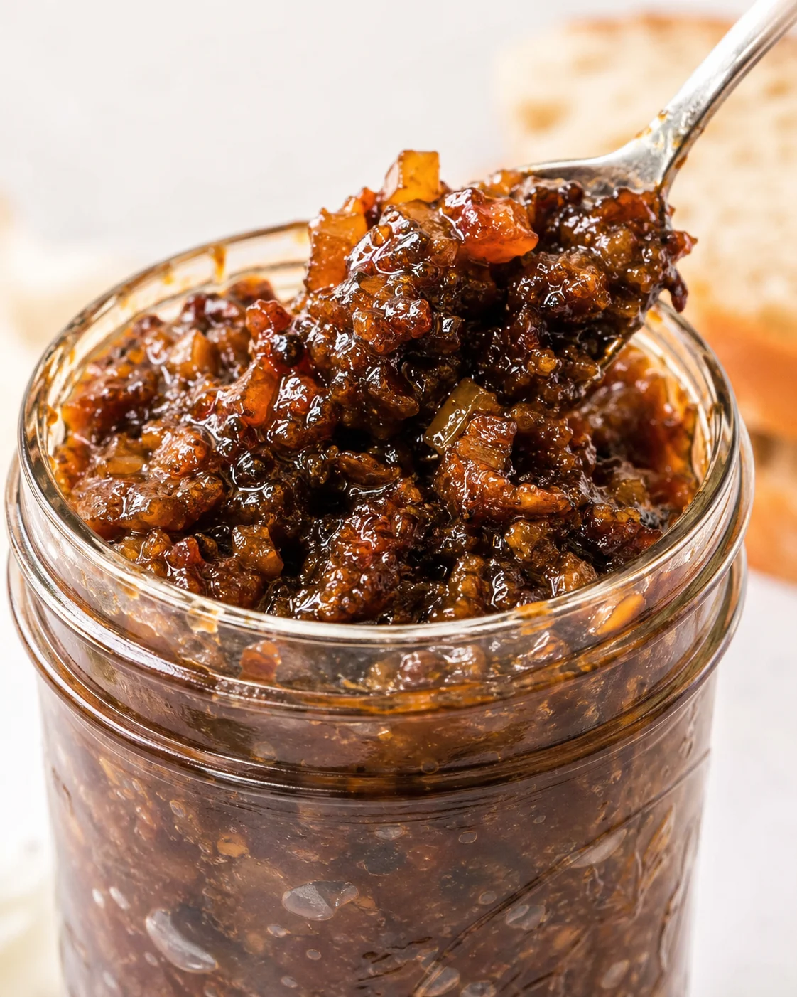 Close-up of savory bacon jam in a glass jar with a spoon above it.