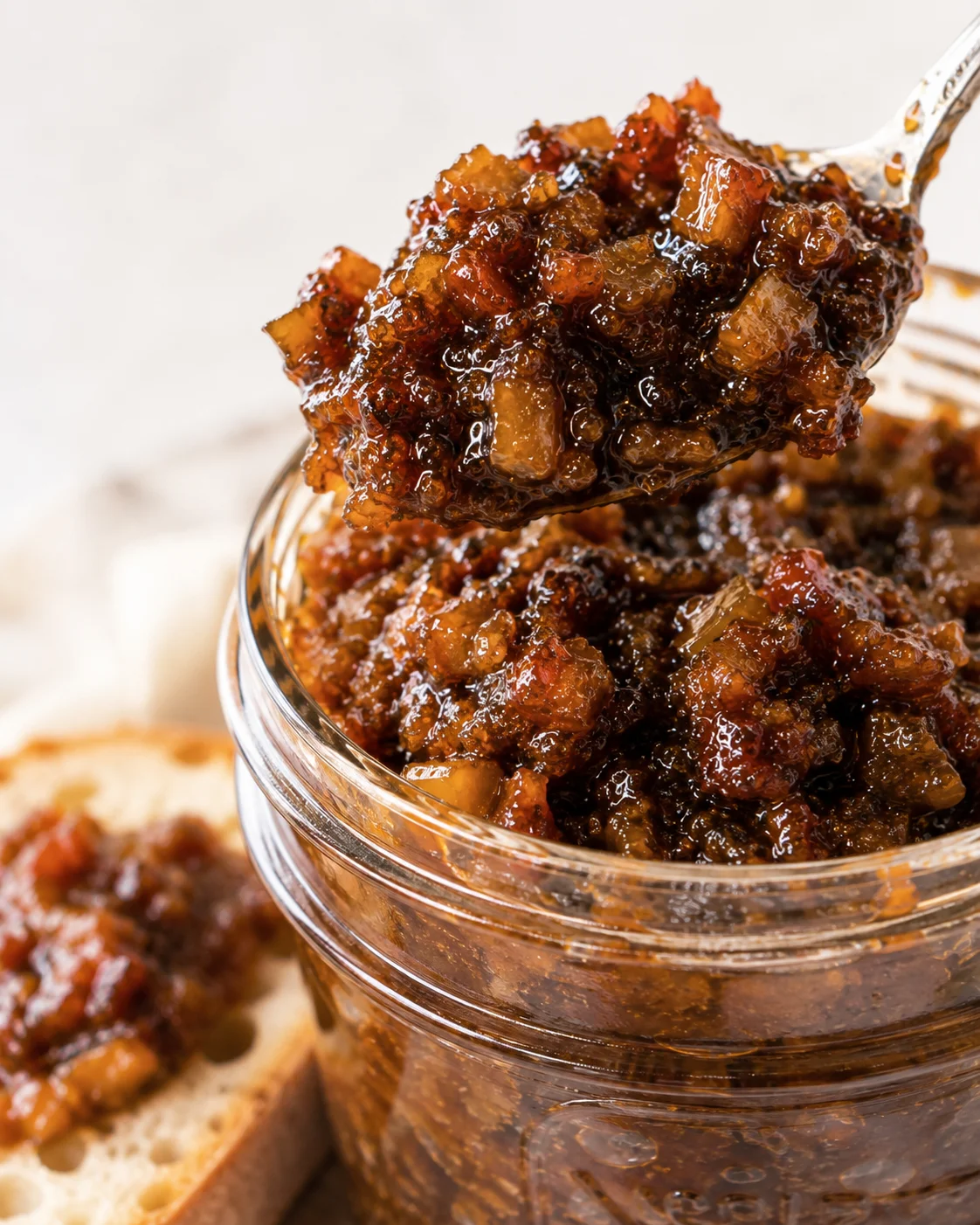 Close-up of a spoonful of chunky, caramelized bacon jam in a glass jar.