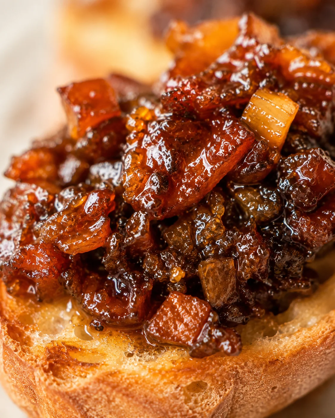 Close-up of crispy bacon and sweet onion bacon jam on toasted bread