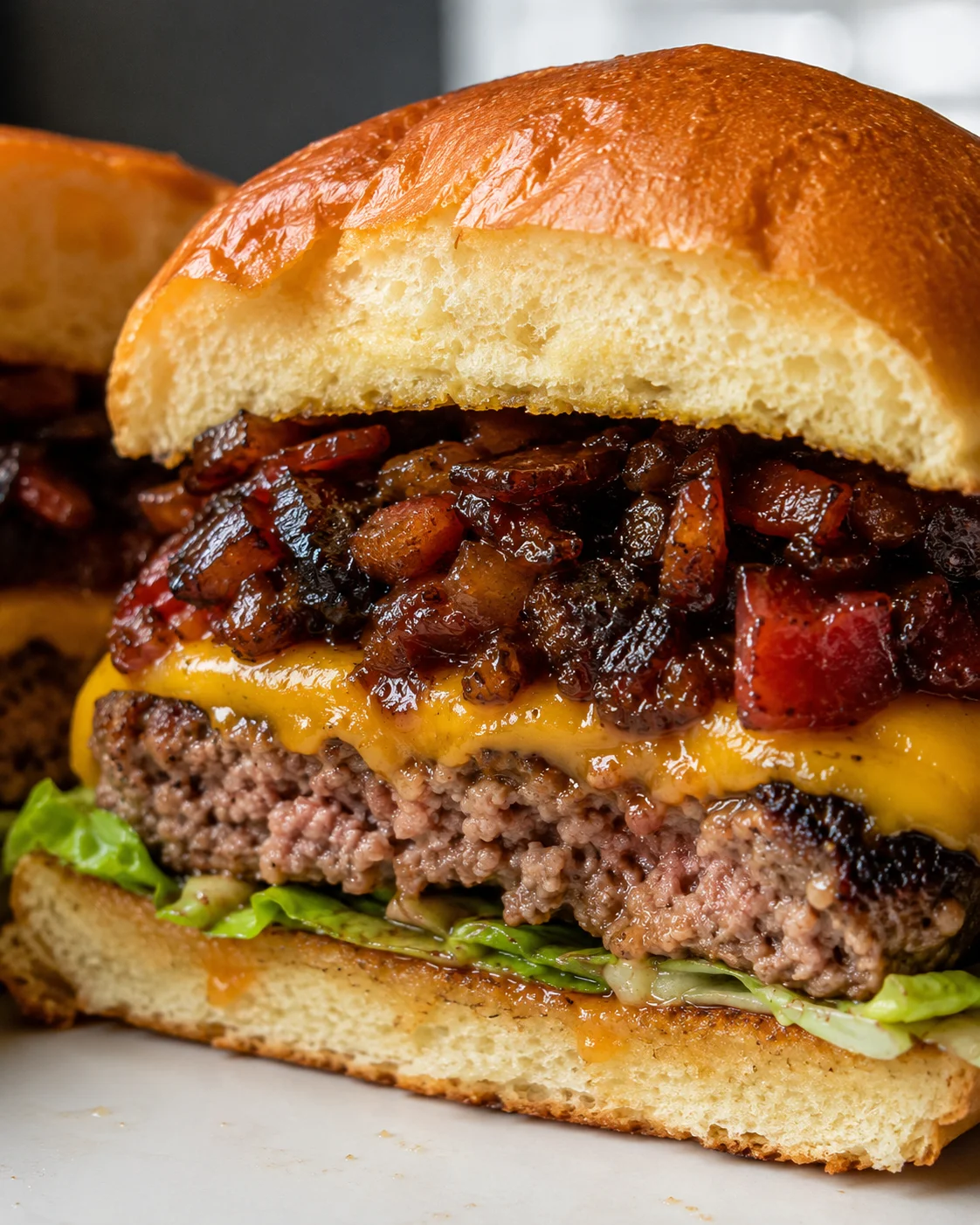 Close-up of a juicy burger topped with savory bacon jam and melted cheese.
