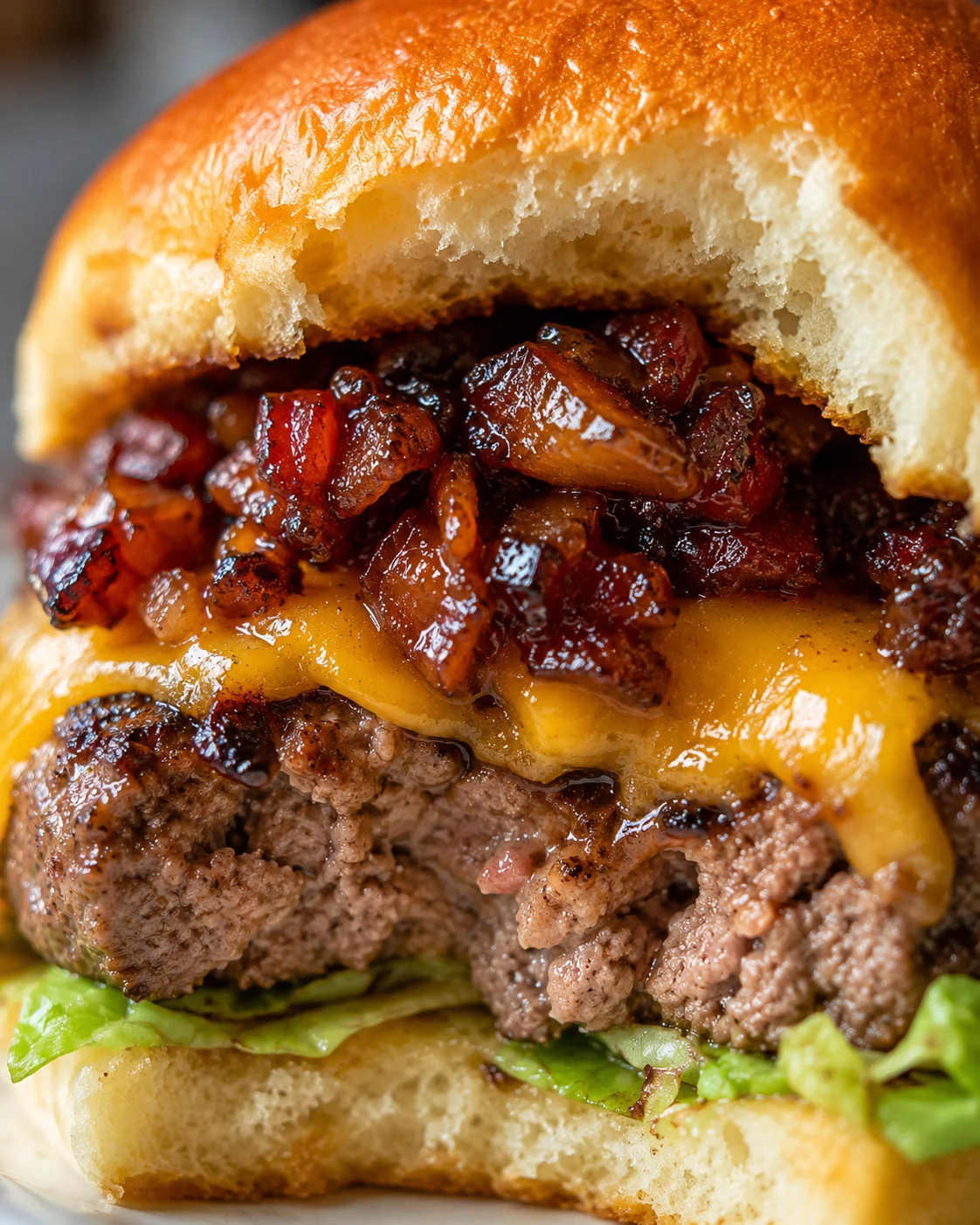 Close-up of a burger topped with savory bacon jam and melted cheese